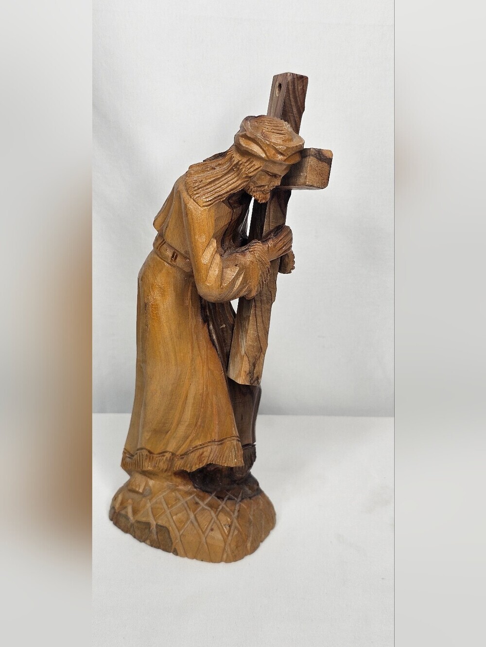 Vintage Olive Wood Jesus Carrying Cross Figurine Tel Aviv Israel 1977 Carved 8"